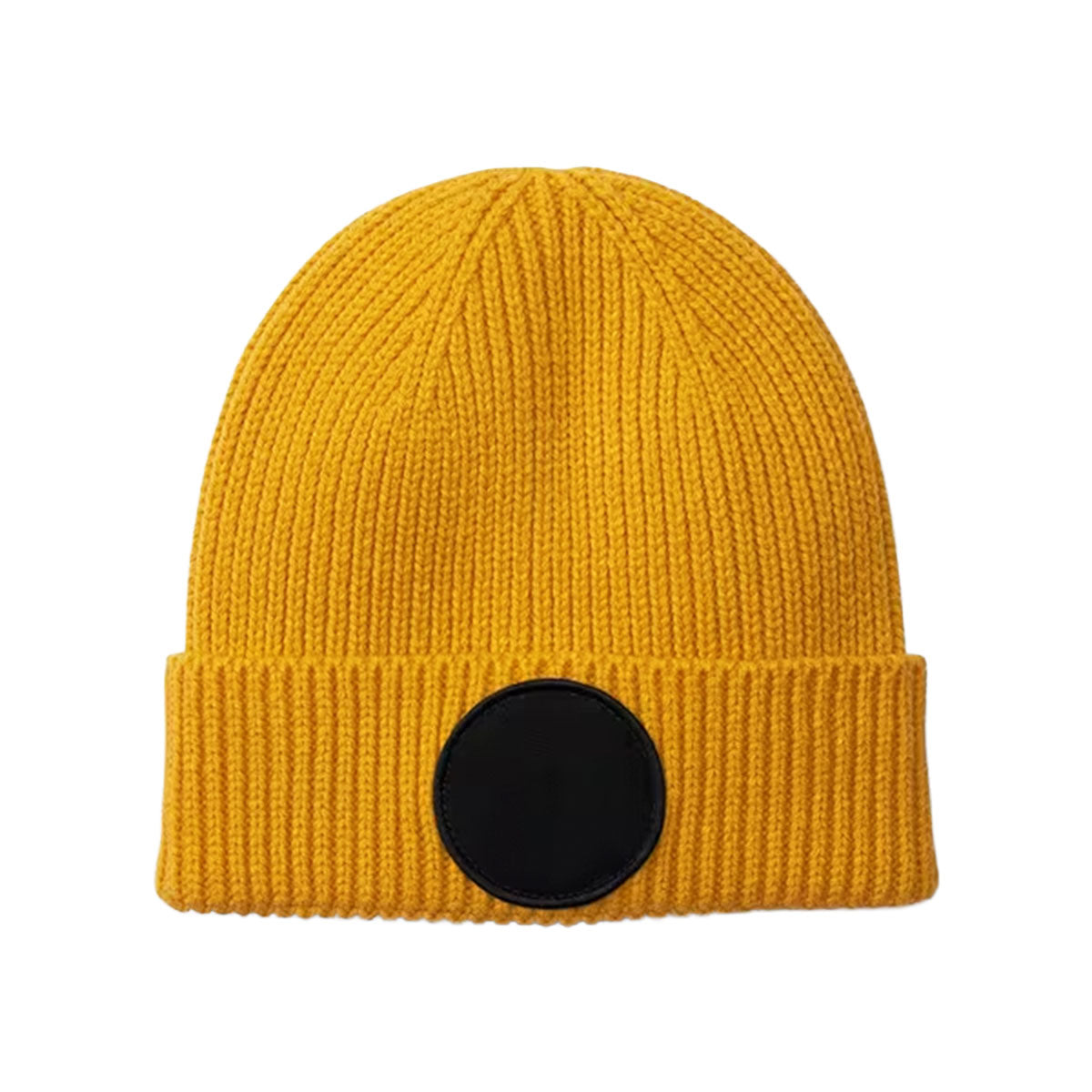 Circular Fashion Patch Beanie, mustard, sinapin keltainen pipo mustalla pyöreällä kangasmerkillä