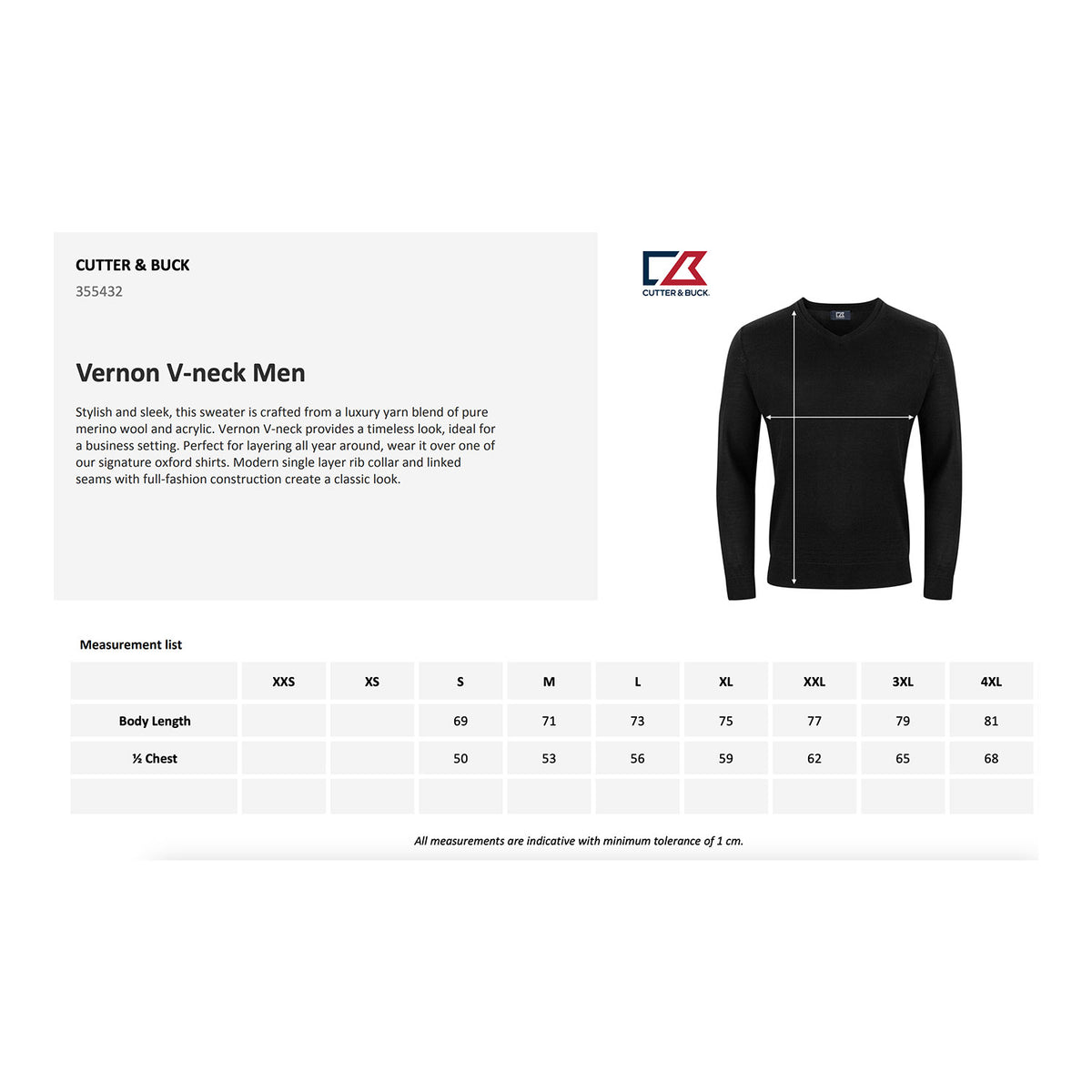 Cutter & Buck Vernon V-neck Men kokotaulukko