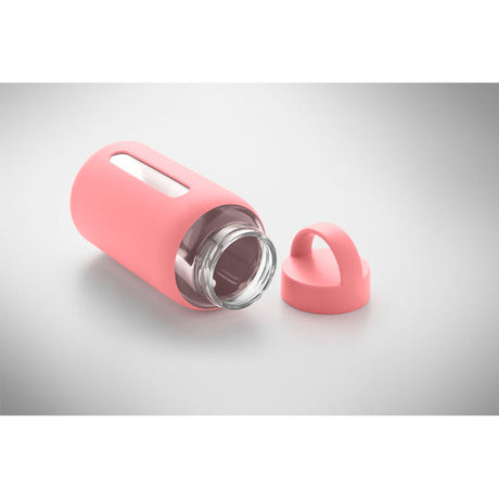 pinkki lasinen juomapullo silikonisuojalla 600 ml