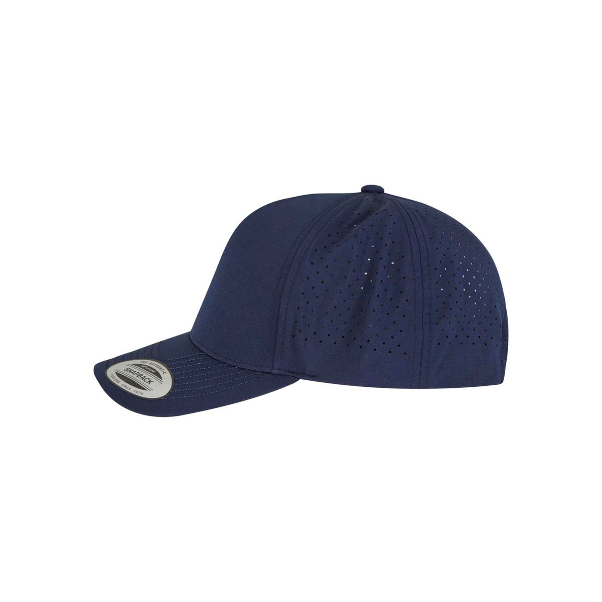 tummansininen YP Classics 5-panel perforoitu snapback lippis, sivuprofiili